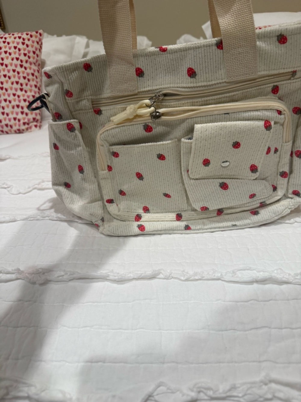 Cream Canvas Tote with Red Strawberry Print